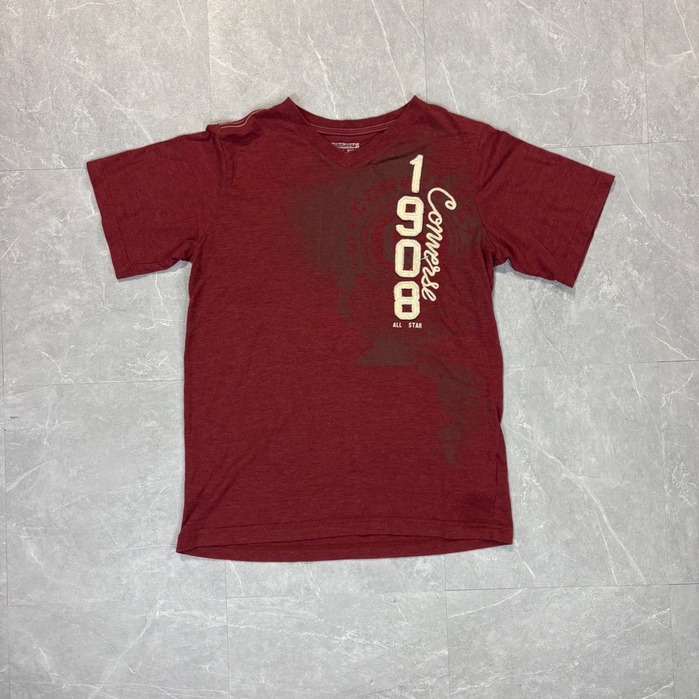 Converse All Star Mens V-Neck Graphic T-Shirt Burgundy Red 1908 Logo Size L